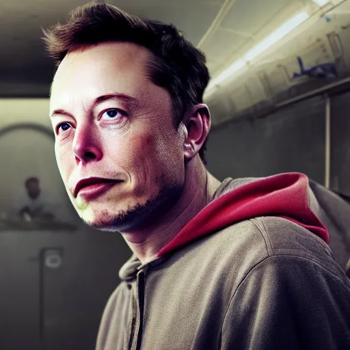 Prompt: portrait of elon musk as a homeless person, ultra realistic photography, highly detailed, photorealistic, octane render, 8 k, unreal engine