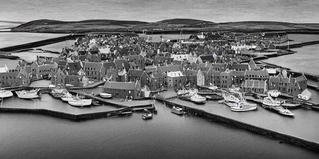 Prompt: an overhead view tintype photograph of the harbour at Stromness orkney