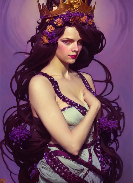 Image similar to leyendecker, brom, lovely tiger queen, portrait, long hair, crown, flowerpunk, crystal coated dark dark violet flowers, by greg rutkowski, anato finnstark, alphonse mucha, global illumination, radiant light