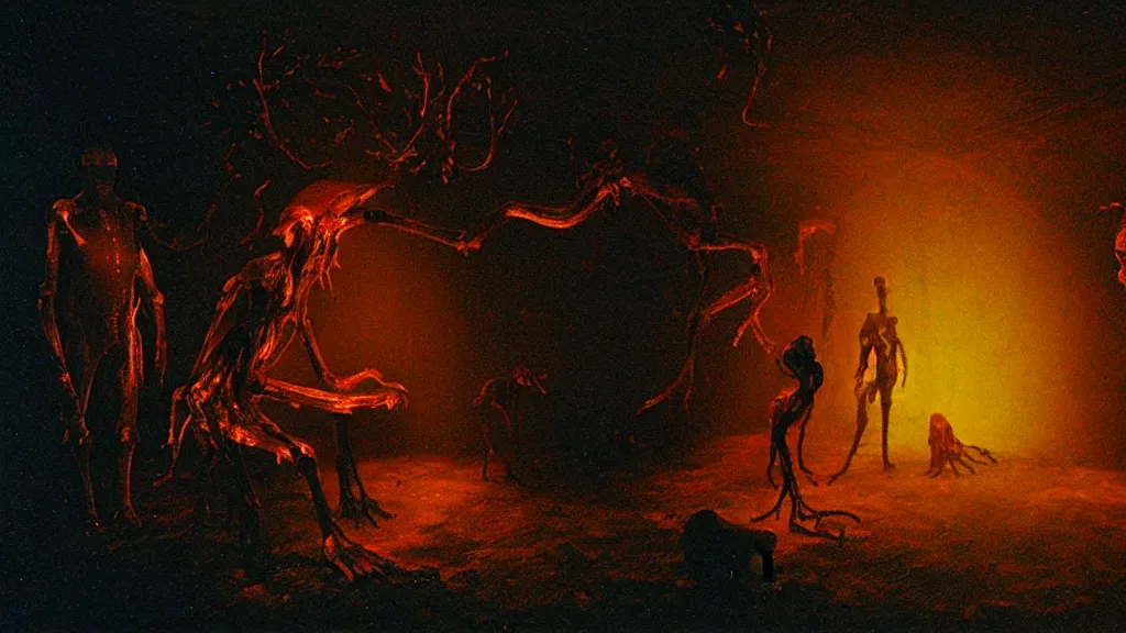 Image similar to the creature in the basement, made of glowing wax! and bone and blood, bioluminescence, surrounded by animals, film still from the movie directed by denis villeneuve and david cronenberg with art direction by salvador dali and zdzisław beksinski, wide lens