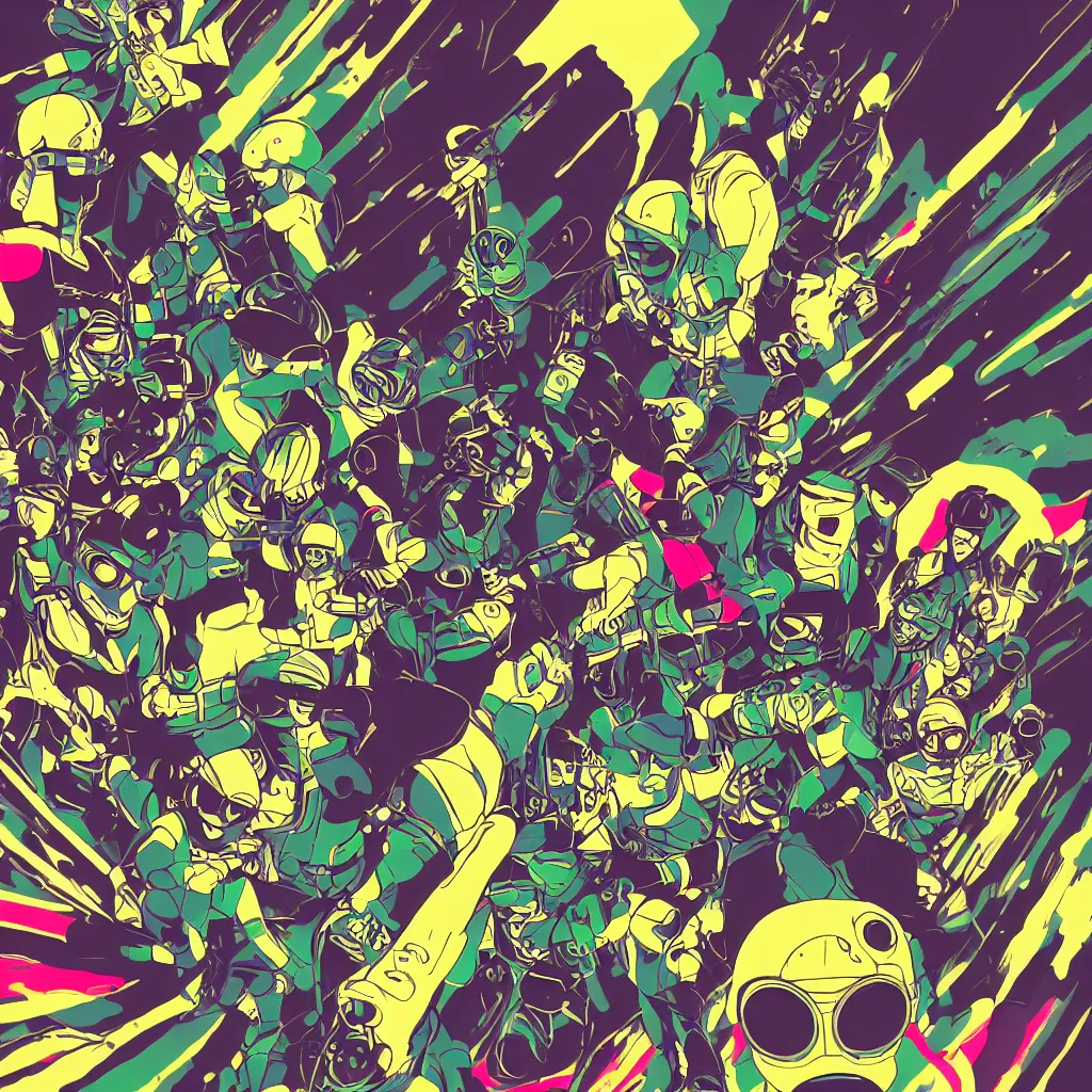 Image similar to people wearing helmets, ryuta ueda artwork, jet set radio artwork, stripes, gloom, space, cel - shaded art style, broken rainbow, data, minimal, speakers, code, cybernetic, dark, eerie, cyber