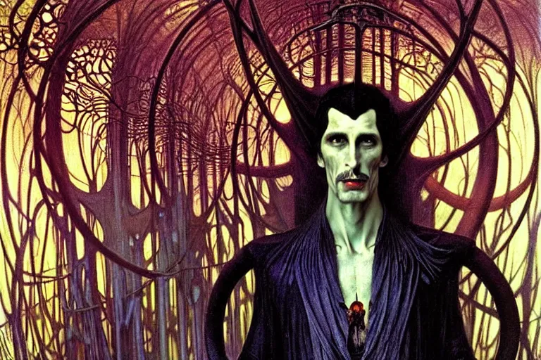 Image similar to realistic extremely detailed portrait painting of an elegantly creepy vampire man dressed as dracula, futuristic sci-fi forest on background by Jean Delville, Amano, Caravaggio, Yves Tanguy, Alphonse Mucha, Ernst Haeckel, Edward Robert Hughes, Roger Dean, rich moody colours