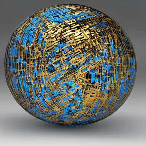 Prompt: a sphere containing a sphere which contains a city, the first sphere is translucent gold and the second sphere is translucent blue and the city is metallic silver, digital, 3D, detailed, photo realistic