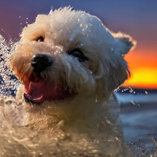 Image similar to a closeup photorealistic photograph of a cute smiling tiger bichon puppy splashing in the surf during sunset. professional capture, well lit shot. this 4 k hd image is trending on artstation, featured on behance, well - rendered, extra crisp, features intricate detail, epic composition and the style of unreal engine.