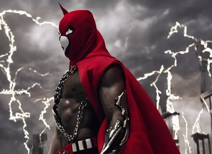 Image similar to film still of michael b jordan as spawn in the new spawn movie, giant chains, large cape, 8 k