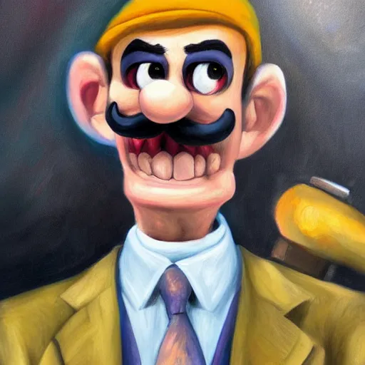 Image similar to waluigi as a mobster, highly detailed, oil painting,