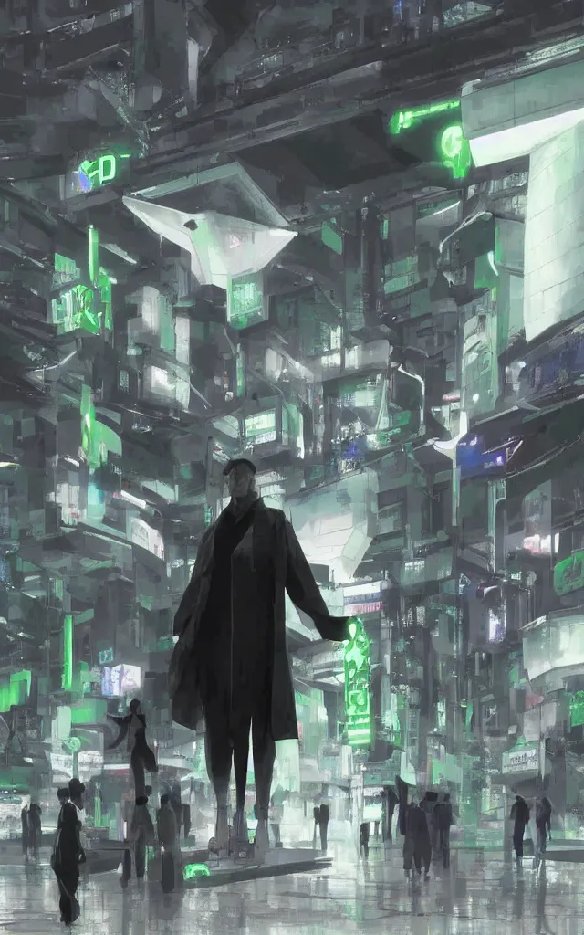 Image similar to stylish villain dressed by rick owens and acronym, standing near a futuristic terminal kiosk in shinjuku, lit by green leds and white neon lights, concept art by craig mullins