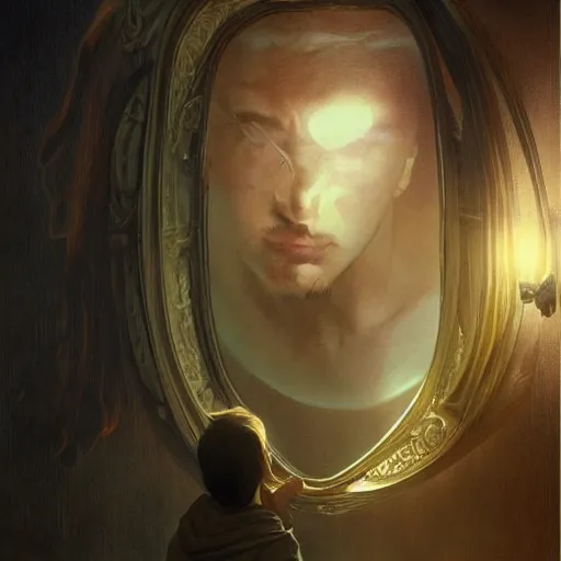 Image similar to selfportrait of a madman looking at his soul in the mirror, portrait, intricate, detailed, volumetric lighting, scenery, digital painting, highly detailed, artstation, sharp focus, illustration, artstation, art by artgerm and greg rutkowski and alphonse mucha