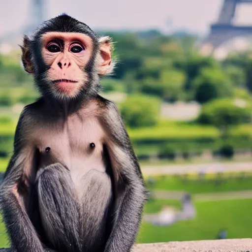 Image similar to high quality portrait of a monkey in front of eiffel tower, studio photograph, photograph, realistic photo, 8k photo, 4k photo, stock photo, high resolution, cinematic shot, high detail