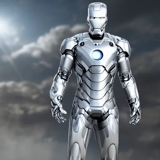 Image similar to silver and white iron man suit, 4 k realistic photo