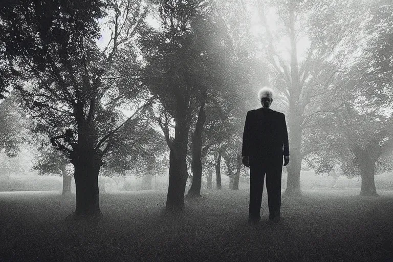 Image similar to “Photo by Robert ParkeHarrison. Close-up of a serious old man in a garden full of levitating trees. The dark sky is torn open like a paper and bright light shines through it. Dark. Cinematic lighting. Old grainy photo.”