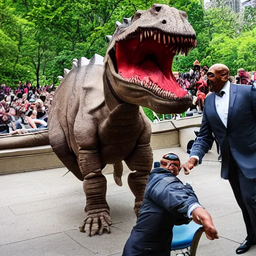 Prompt: steve harvey riding a dinosaur in central park