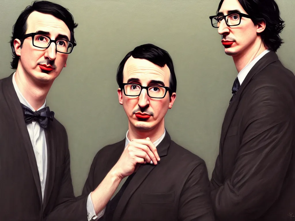 Image similar to photo booth, painting of both john oliver and adam driver together, john oliver in front, full body, elegant, beautiful, highly detailed, centered, dark, smokey, digital painting, concept art, smooth, sharp focus, illustration, deviant art, art by artgerm, art by greg rutkowski, art by alphonse mucha