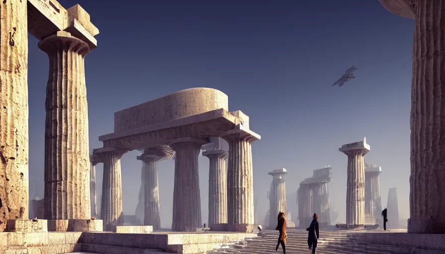 Prompt: monuments with greek motifs, by tim blandin and arthur haas and bruce pennington and john schoenherr, big windows architecture by zaha hadid, octane render, cinematic, scenery, cgsociety, modernism, futuristic, trending on artstation, sci - fi, high detail, high quality, close up angle, people walking