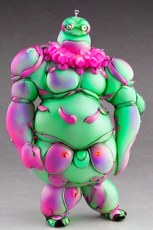 Image similar to a fat bubbly super detailed anime figurine with fluo color detail, and muted arm colors, that looks like a insect, decorated by plastic synthetic ionized metal flower sculptures