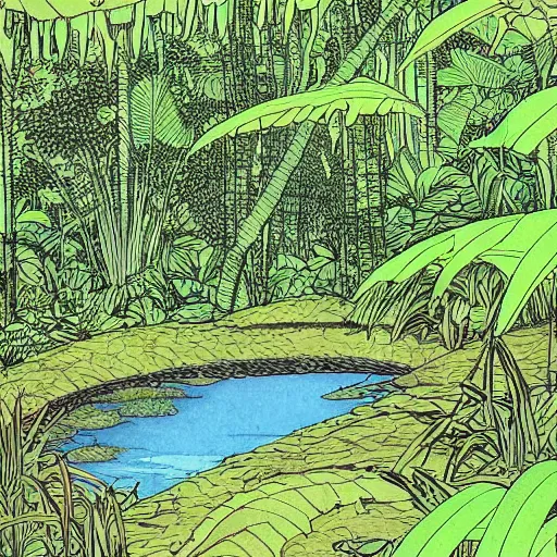 Image similar to a pond in a lush jungle, drawing by moebius