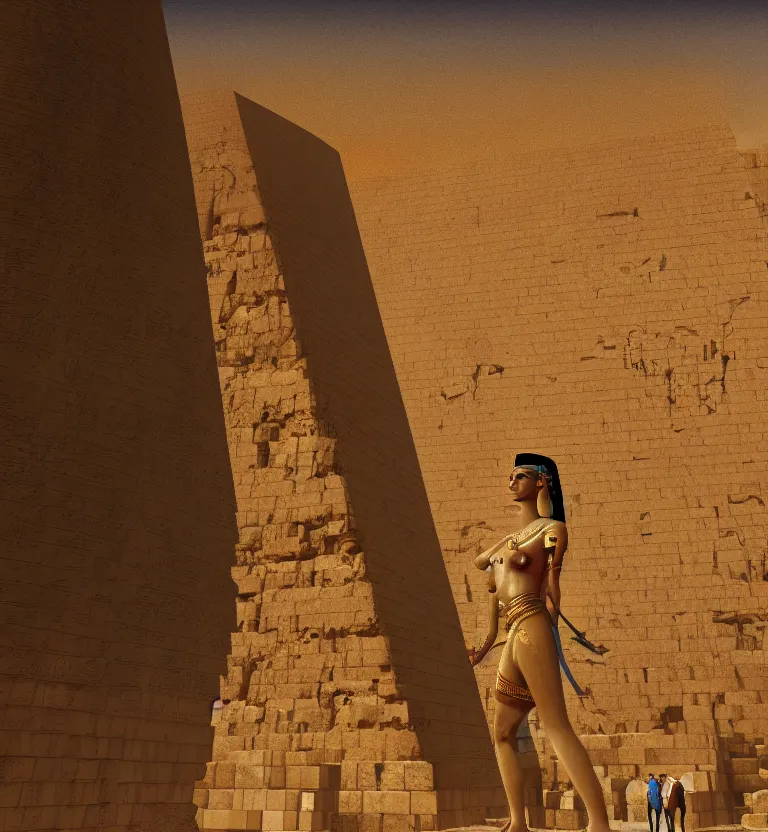 Image similar to a concept painting showing a giant cleopatra on the side of the great pyramid of giza. good quality, good light, anatomically correct, digital art, artstation 8 k