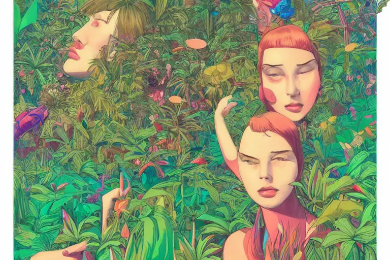 Prompt: gigantic girl faces, tiny robots, a lot of exotic vegetation around, risograph!, colorful flat surreal design, super - detailed, a lot of tiny details, fullshot, by luigi serafini and moebius