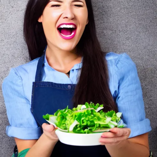 Prompt: Stock photo of woman eating salad with fork and laughing