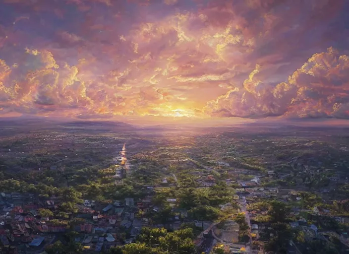 Prompt: View of a beautiful sunset sky, oil on canvas, intricate, portrait, 8k highly professionally detailed, HDR, CGsociety, illustration painting by Mandy Jurgens and Małgorzata Kmiec and Dang My Linh and Lulu Chen and Alexis Franklin and Filip Hodas and Pascal Blanché and Bastien Lecouffe Deharme, detailed intricate ink illustration, heavenly atmosphere, detailed illustration, hd, 4k, digital art, overdetailed art, concept art, complementing colors, trending on artstation, Cgstudio, the most beautiful image ever created, dramatic, subtle details, illustration painting by alphonse mucha and frank frazetta daarken, vibrant colors, 8K, style by Wes Anderson, award winning artwork, high quality printing, fine art, gold elements, intricate, epic lighting, very very very very beautiful scenery, 8k resolution, digital painting, sharp focus, professional art, atmospheric environment, art by artgerm and greg rutkowski, by simon stålenhag, rendered by Beeple, by Makoto Shinkai, syd meade, 8k ultra hd, artstationHD, 3d render, hyper detailed, elegant, by craig mullins and marc simonetti, Ross Tran and WLOP, by Andrew Wyeth and Gerald Brom, John singer Sargent and James gurney