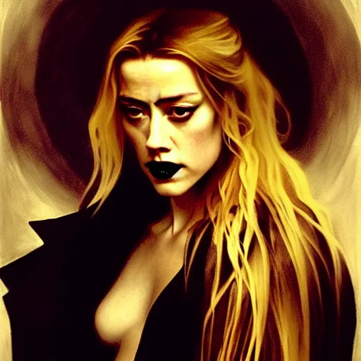 Image similar to hyperrealistic portrait of amber heard as a vampire witch in a black coat holding a human skull as a crystal ball. by jeremy mann and alphonse mucha, fantasy art, photo realistic, dynamic lighting, artstation, poster, volumetric lighting, very detailed faces, 4 k, award winning