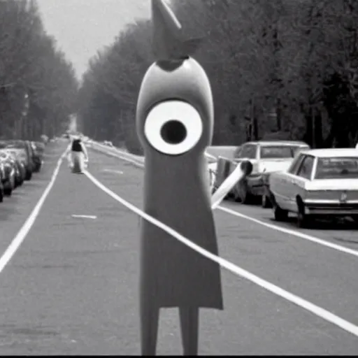 Prompt: Film still of an anthropomorphic tooth hitchhiking across America, Fellini film, 1972