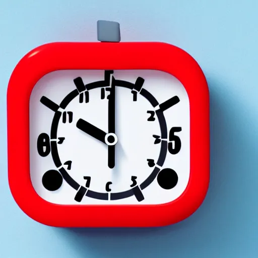 Image similar to Very tiny red alarm clock that looks like the iOS emoji and has the same colors, 3D clay render, 4k UHD, white background, isometric top down left view, diffuse lighting, zoomed out very far