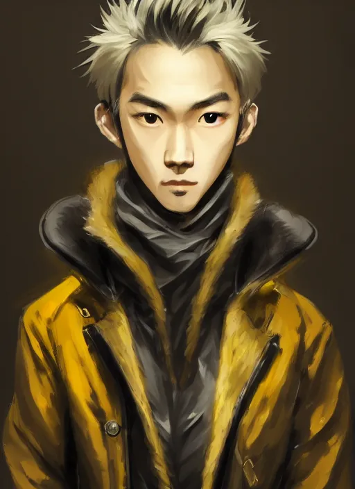 Prompt: a highly detailed illustration of young attractive japanese guy wearing black detective coat, yellow eyes, dramatic standing pose, hyperdetailed perfect face, perfect eyes, intricate, elegant, highly detailed, centered, digital painting, artstation, concept art, smooth, sharp focus, league of legends concept art, wlop.