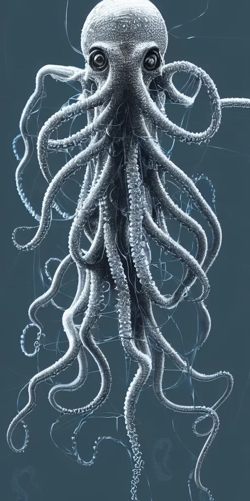 Image similar to concept art of an alien cybernetic arachnid octopus made of silica crystal and translucent cables, on a rock background, surrounded by spirals of fog, grimy, gritty, trending on artstation, award winning painting, close portrait, cgi, art by david cronenberg and chris cunningham