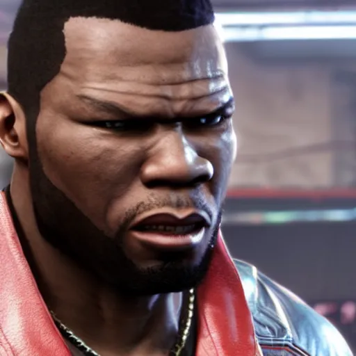 Image similar to a videogame still of 50 Cent in Tekken 7, portrait, 40mm lens, shallow depth of field, close up, split lighting, cinematic