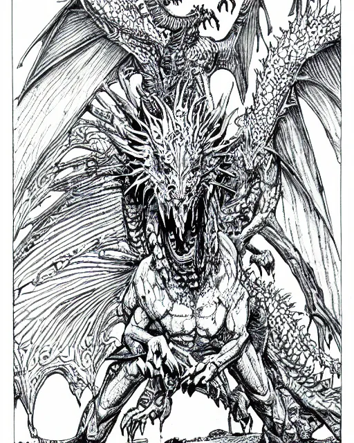 Image similar to blue eyes white dragon as a d & d monster, pen - and - ink illustration, etching, by russ nicholson, david a trampier, larry elmore, 1 9 8 1, hq scan, intricate details, high contrast