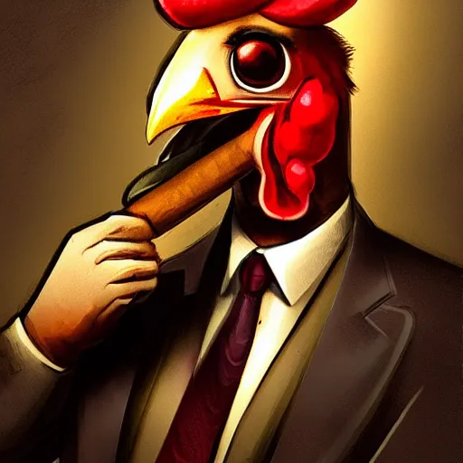 Image similar to a chicken wearing a suit smoking a cigar, dramatic lighting, cinematic, establishing shot, extremly high detail, photorealistic, cinematic lighting, artstation, style by James Gurney