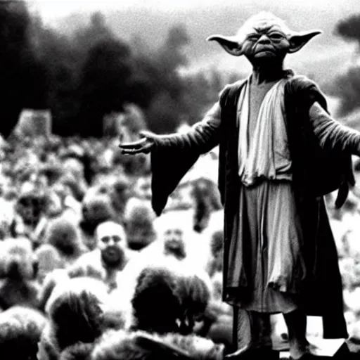 Image similar to yoda performing at woodstock