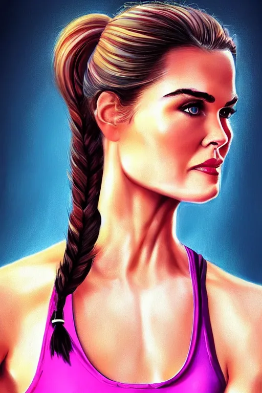 Image similar to portrait of a mix of beautiful young maria shriver, mariel hemmingway, brooke shields, nicole kidman and elle macpherson as an exercise gym girl, thin lips, hair tied up in a pony tail, colorful artstation, cgsociety