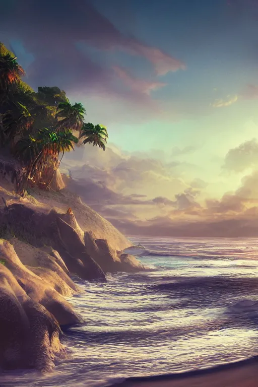 Prompt: digital matte fantasy dreamy beachscape, artstation, behance, 8 k by anton fadeeve