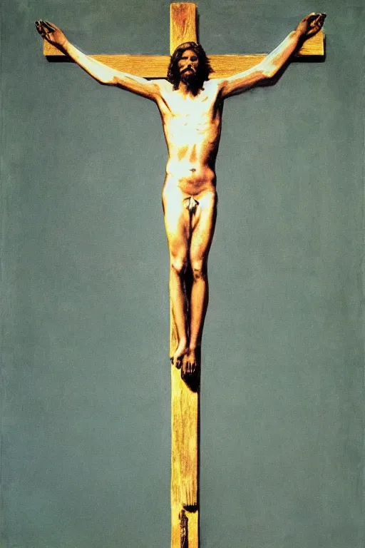 Prompt: a huge light beam illuminating jesus christ crucified painted by cy twombly and andy warhol