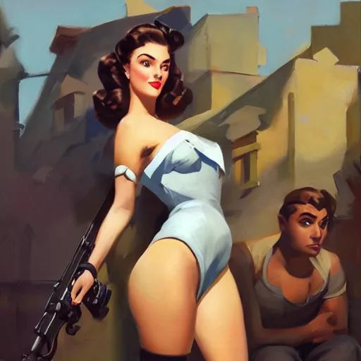 Prompt: greg manchess portrait painting of beauty 1 9 4 0's pinup as overwatch's characters, medium shot, asymmetrical, profile picture, organic painting, sunny day, matte painting, bold shapes, hard edges, street art, trending on artstation, by huang guangjian and gil elvgren and sachin teng