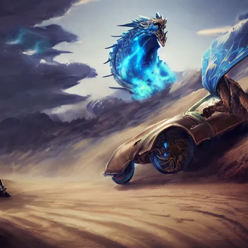 Image similar to blue knight vs dragon, green car in desert, fine art, battle, duel, sword, breathing fire, cgsociety, trending, realistic, fantasy, 4 k, artstation