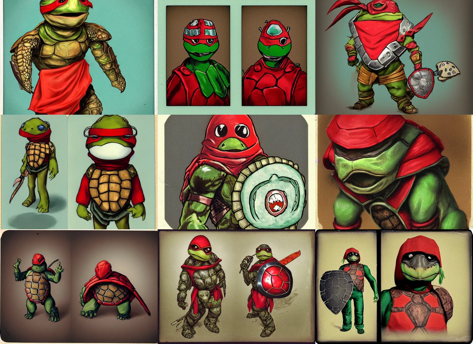 Prompt: anthropomorphic! polaroid, a badass turtle fighter with red bandana on his eyes, protectors on elbows and a shield made out of a turtle shell. polaroid, color vintage