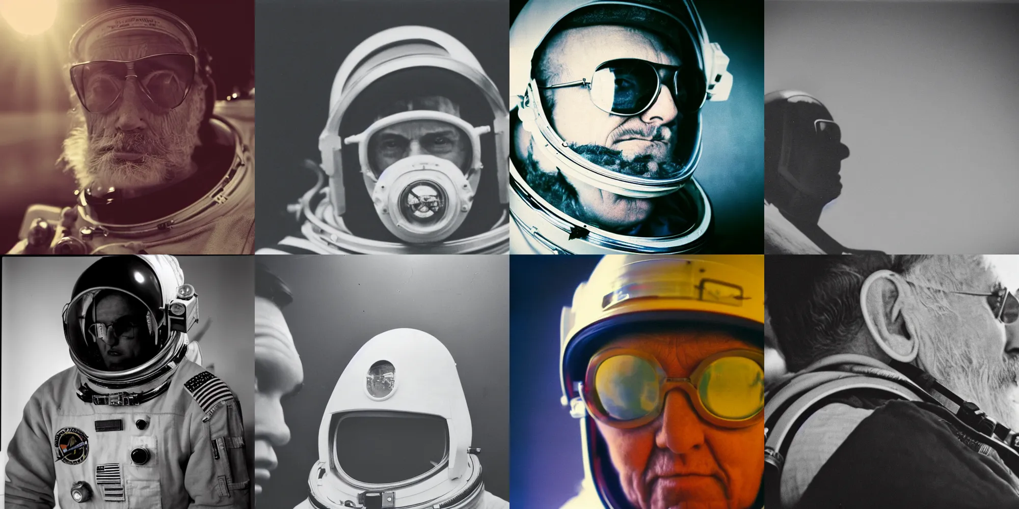 Prompt: 35mm 1960's photo of hipster grandpa astronaut, close up, realistic, dramatic lighting