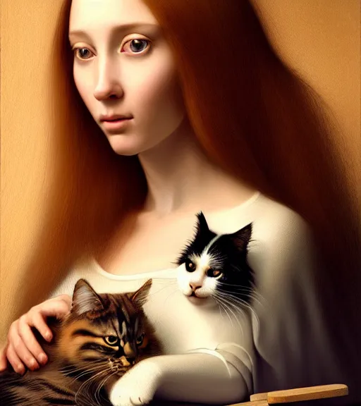 Prompt: portrait of a beautiful long - haired woman with her cat sitting upon a table with heightened detail, poised, intense emotion, detailed facial expression, detailed surroundings, intricate, elegant, highly detailed, centered, digital painting, artstation, concept art, smooth, sharp focus, illustration, by ( leonardo da vinci ), wlop