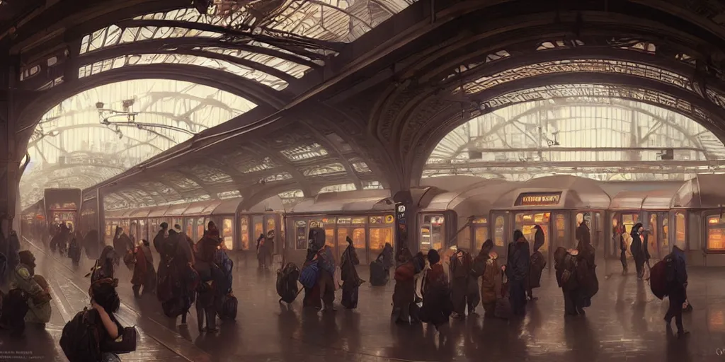 Prompt: subway station with arriving!!!! subway train, passengers waiting on the platform, steampunk, detailed intricate octane renderer, low angle, 8K sparsely lit art by artgerm and greg rutkowski and alphonse mucha