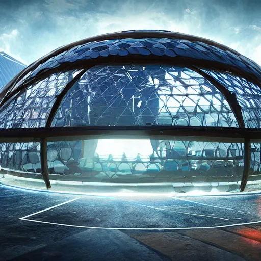 Image similar to a huge futuristic combat stadium with a forcefield dome underwater, hexagonal shaped, elegant architecture, modern, epic light, elegant, artstation, intricate, highly detailed, ultra realist, hd, unreal engine, 3 d, hd