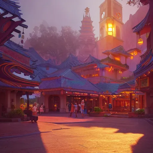 Image similar to an art deco townsquare in a oriental medieval fantasy village. incredible voluminous indirect soft glow cinematic lighting, hyperdetailed features, movie still, intricate, octane render, unreal engine, crepuscular rays, god rays, by beeple and rhads and donato giancola