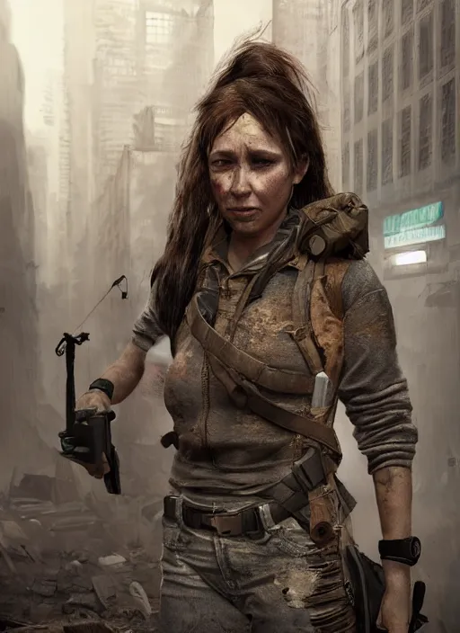 Image similar to portrait of a survivalist woman in a post apocalyptic city at dawn, beautiful digital concept art trending on artstation, ultra - realistic lifelike high details, realistic face, cinematic lighting