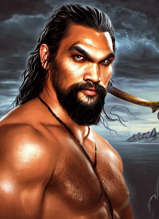 Prompt: jason momoa as khal drago by anne stokes and larry elmore, detailed matte painting, realistic portrait, symmetrical, highly detailed, digital painting, artstation, concept art, smooth, sharp focus, illustration, cinematic lighting, 8 k resolution