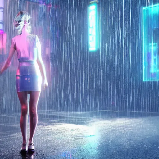 Prompt: hyperdetailed wide shot of a sexy girl wearing a micro skirt and white tank top getting soaked in the rain struggling to use a holographic interface on a wall in a future cyber punk style city trending on cgsociety