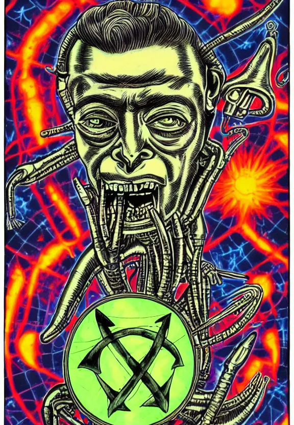 Prompt: subgenius, x - day, aliens, weird stuff, occult stuff, devil stuff, medical diagram, colorful, stained paper, hyperrealism, stage lighting