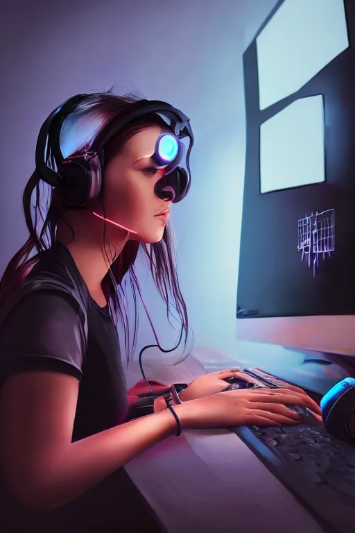 Image similar to gamer girl playing a game on her computer, portrait shot of her face lit up by the monitor, wearing gaming headset, hyperrealistic, trending on artstation, intricate detail, dark atmosphere, dynamic lighting