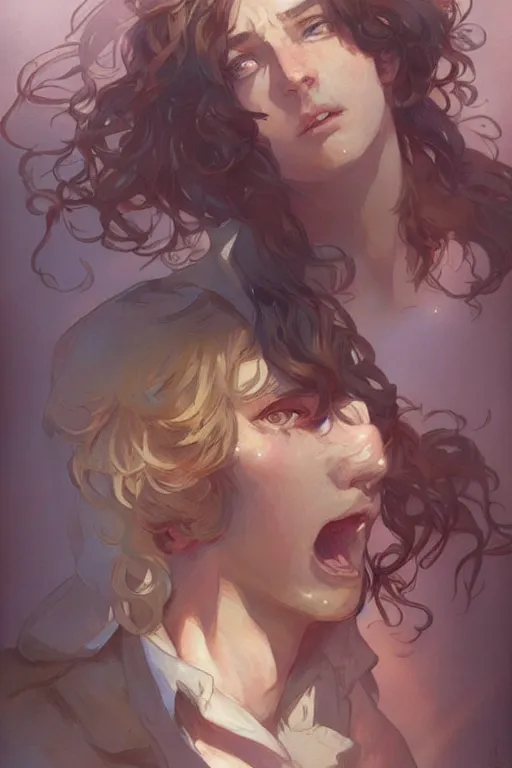 Image similar to enjolras from les miserables, ray of light, shimmering and prismatic, rococo, by krenz cushart and mucha and monet, trending on artstation.